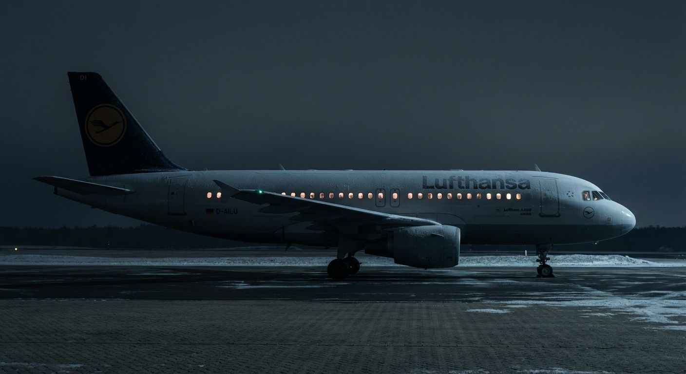 Lufthansa Airbus on a snowy tarmac at night, cabin lights aglow.