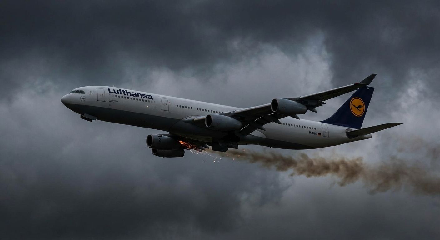 Lufthansa plane experiencing engine failure with smoke and sparks against a stormy sky.