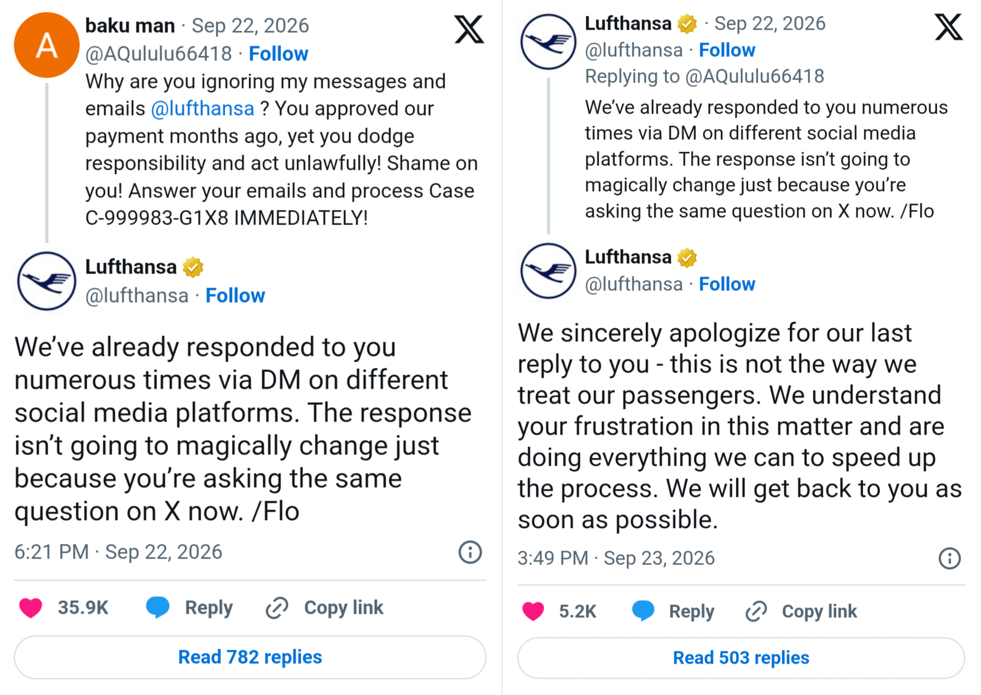 A series of X (Twitter) posts showing a customer complaint to Lufthansa, Lufthansa's initial defensive reply by Flo, and their subsequent apology.