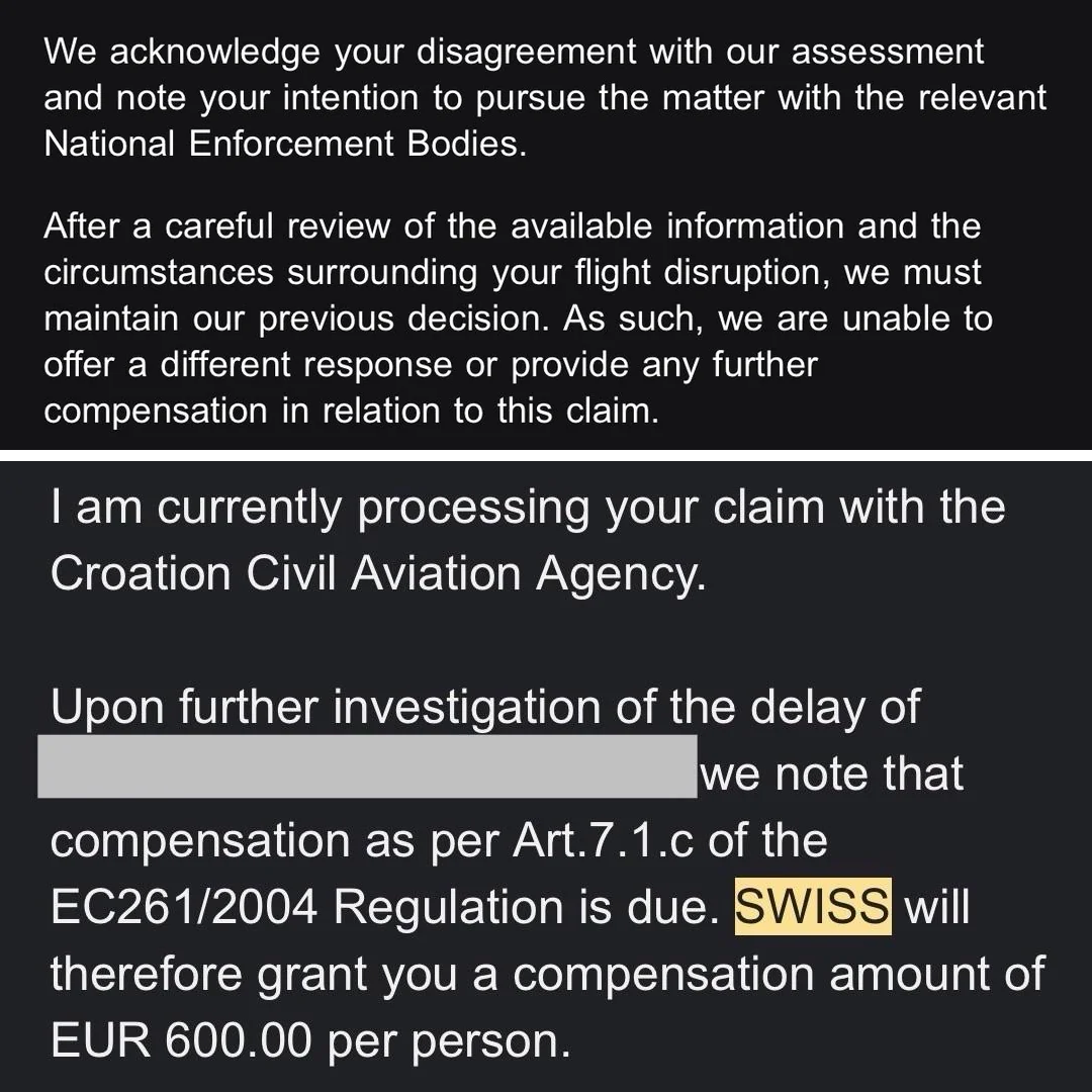 SWISS confirms €600 compensation per person, citing EC261/2004, after intervention by the Croatian Civil Aviation Agency.