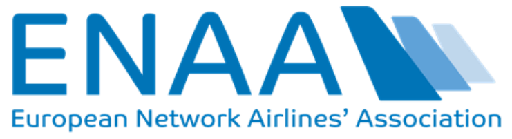 Logo der ENAA, European Network Airlines' Association, mit blauem Text und stilisierten Flugzeughecks.
