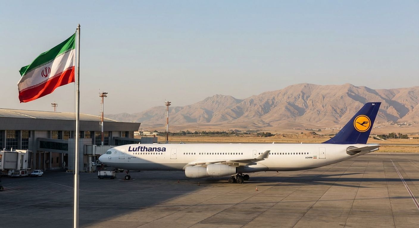 Lufthansa plane in Iran with flag and mountains.