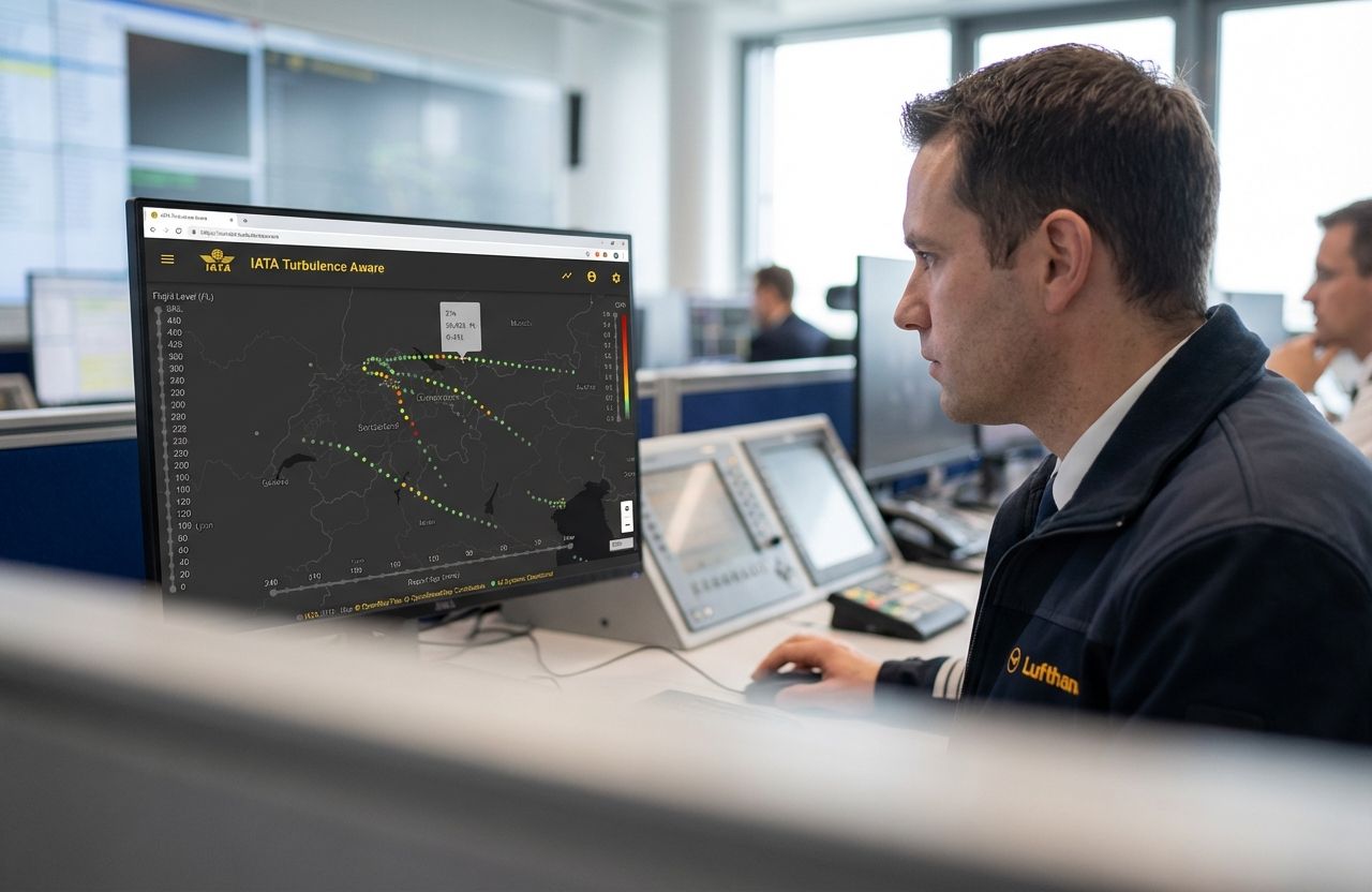 Lufthansa employee monitors IATA turbulence map at workstation.