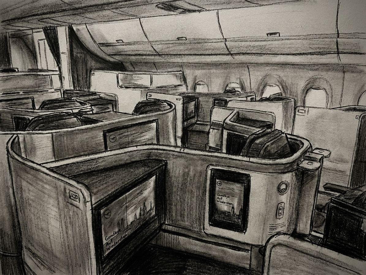 Sketch of Lufthansa business class seats with screens displaying 'Goodbye'.