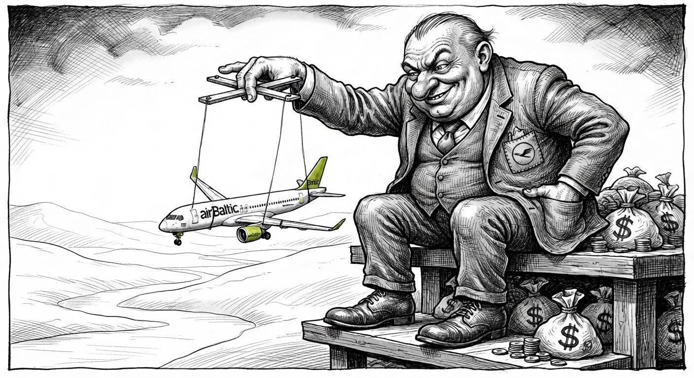 Caricatured man with Lufthansa logo controls an AirBaltic airplane like a puppet, surrounded by money bags, in a stark landscape.