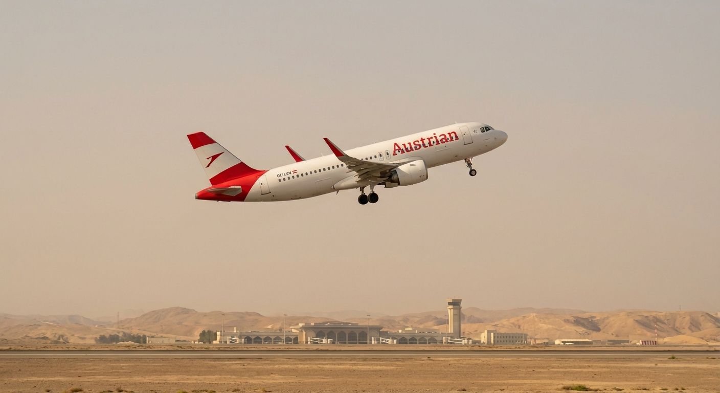 Austrian Airlines plane taking off from a desert airport, likely in the Middle East.