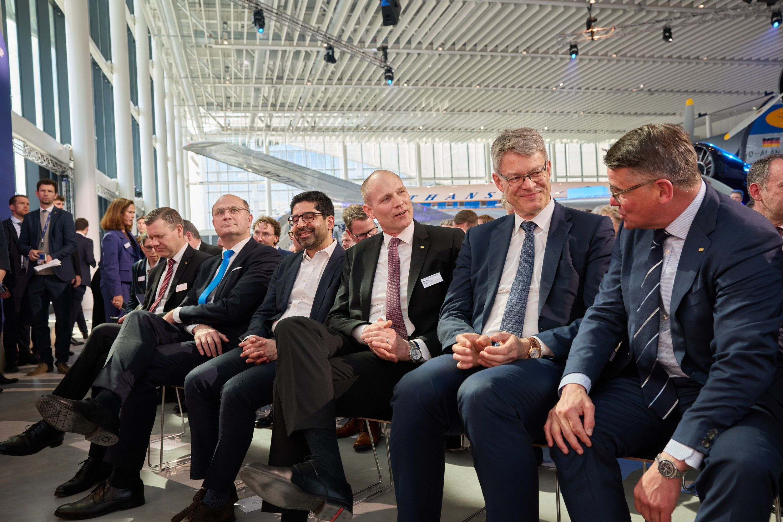 Dr. Michael Niggemann, Patrick Schnieder, Boris Rhein, Kaweh Mansoori, 100 years of Luftahnsa celebration with visitor Chancellor Friedrich Merz at Hangar One in Frankfurt