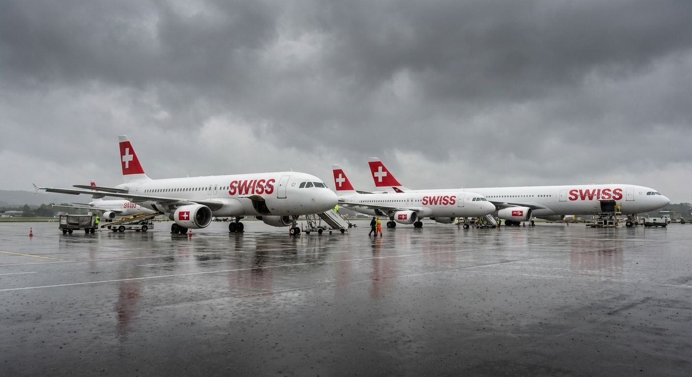 Swiss planes on a wet tarmac under a stormy sky. Ground crew working.