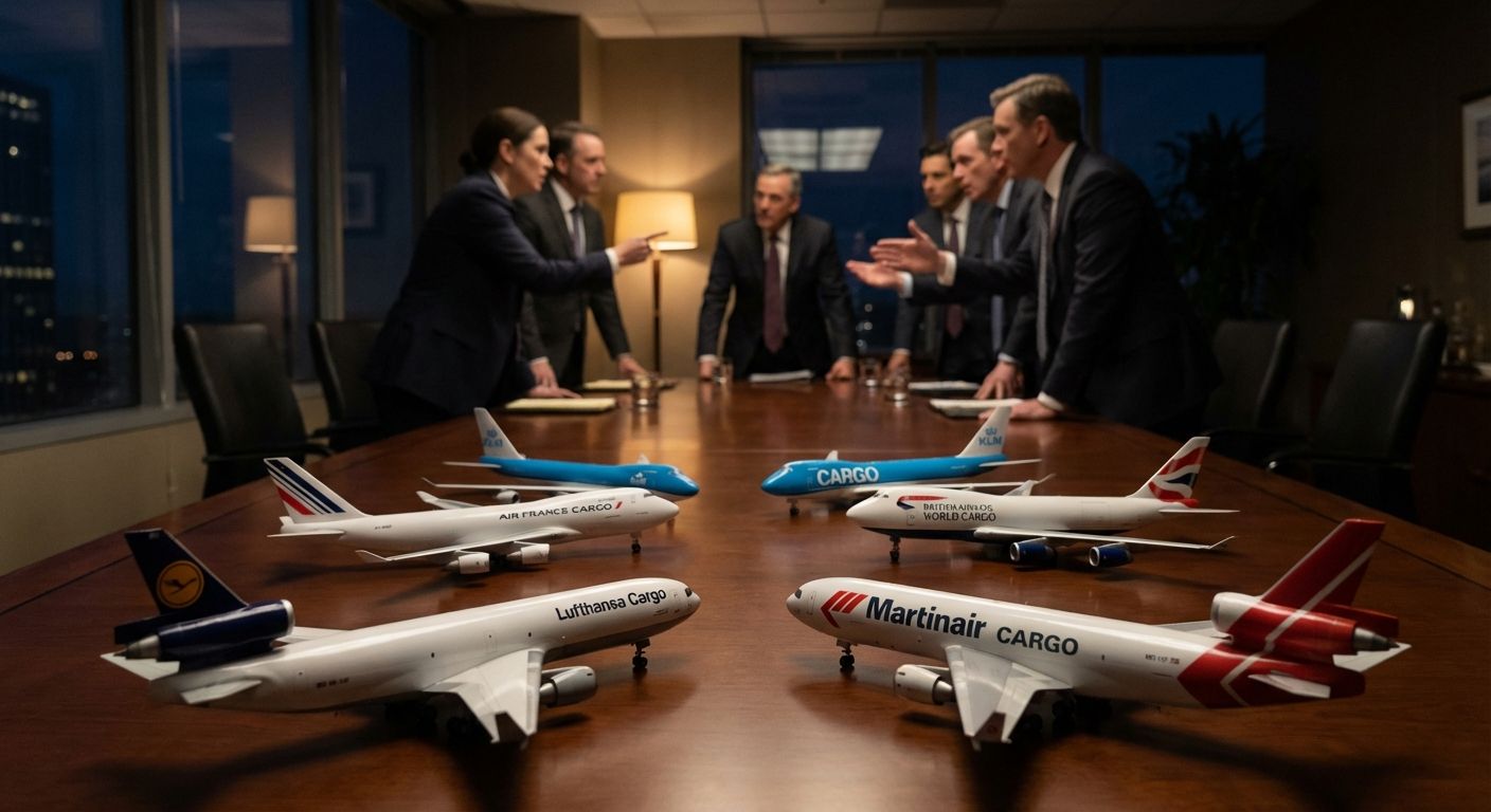 Executives meet around a table displaying various airline model planes.