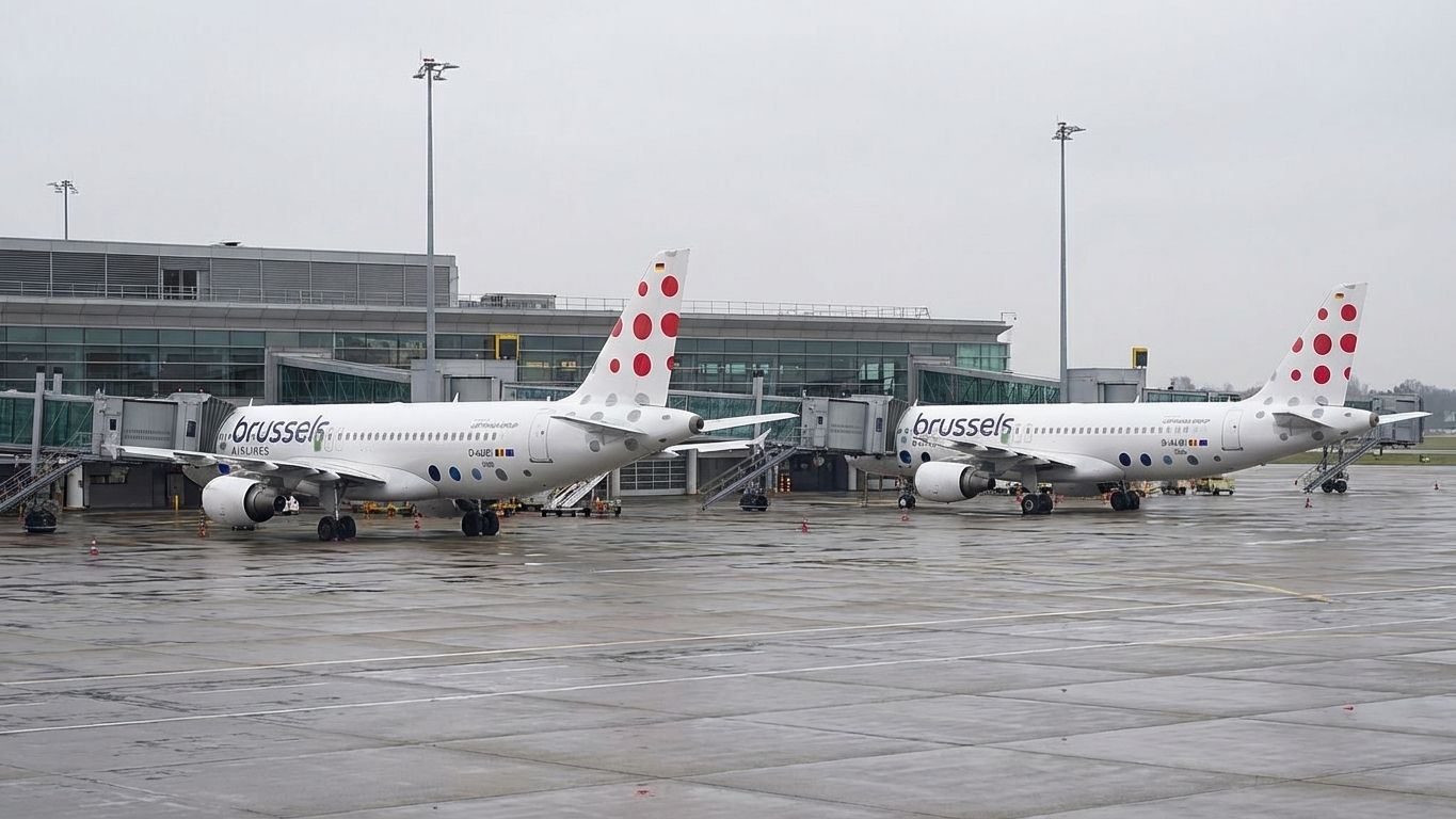 Two Brussels Airlines planes at Brussels Airport (BRU) on an overcast day.
