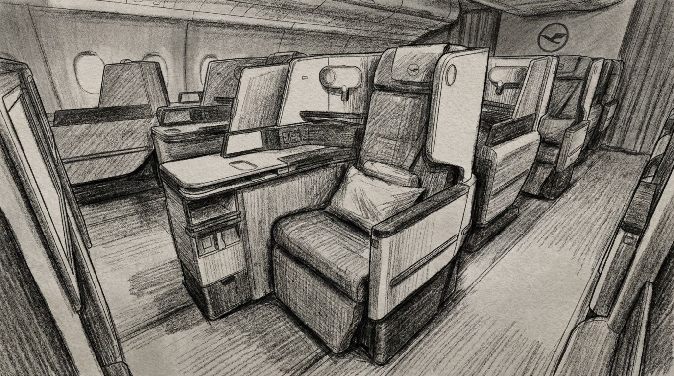 Sketch of Lufthansa business class seats inside an airplane.