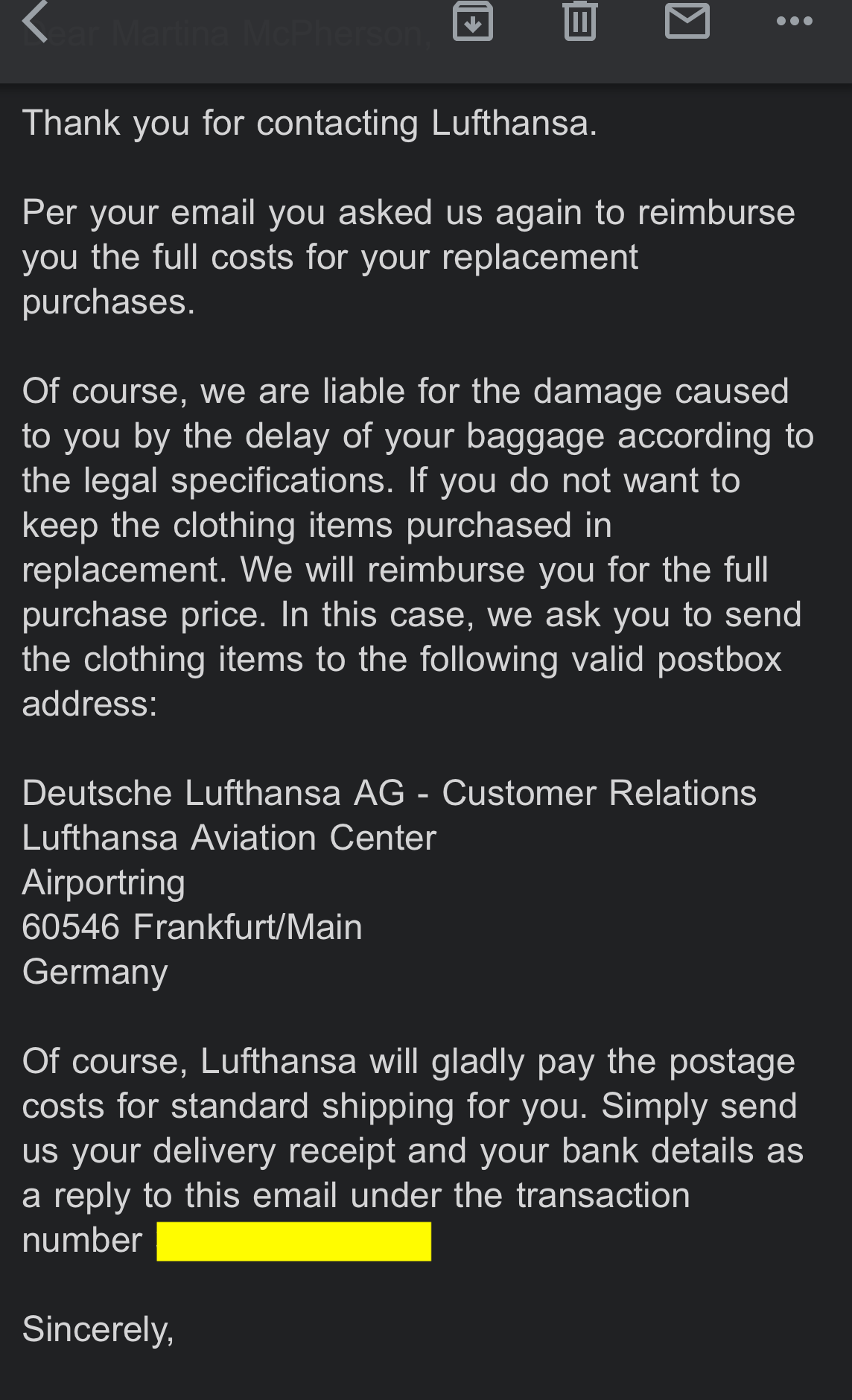 Lufthansa E-Mail: Volle Erstattung für Ersatzartikel bei verspätetem Gepäck, Rücksendung an Lufthansa AG, Frankfurt/Main.