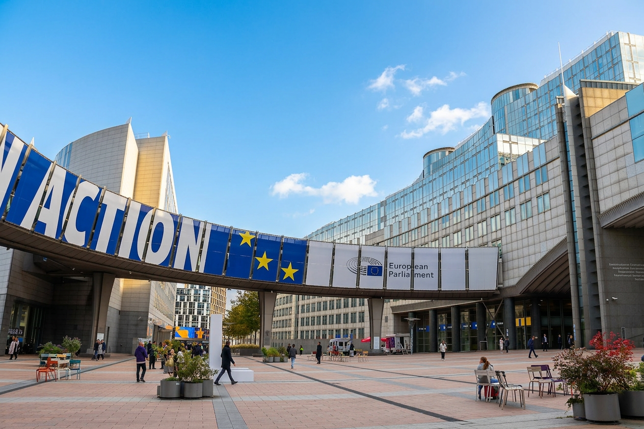 Europäisches Parlament in Brüssel mit „ACTION“- und „European Parliament“-Bannern auf einer Hängebrücke