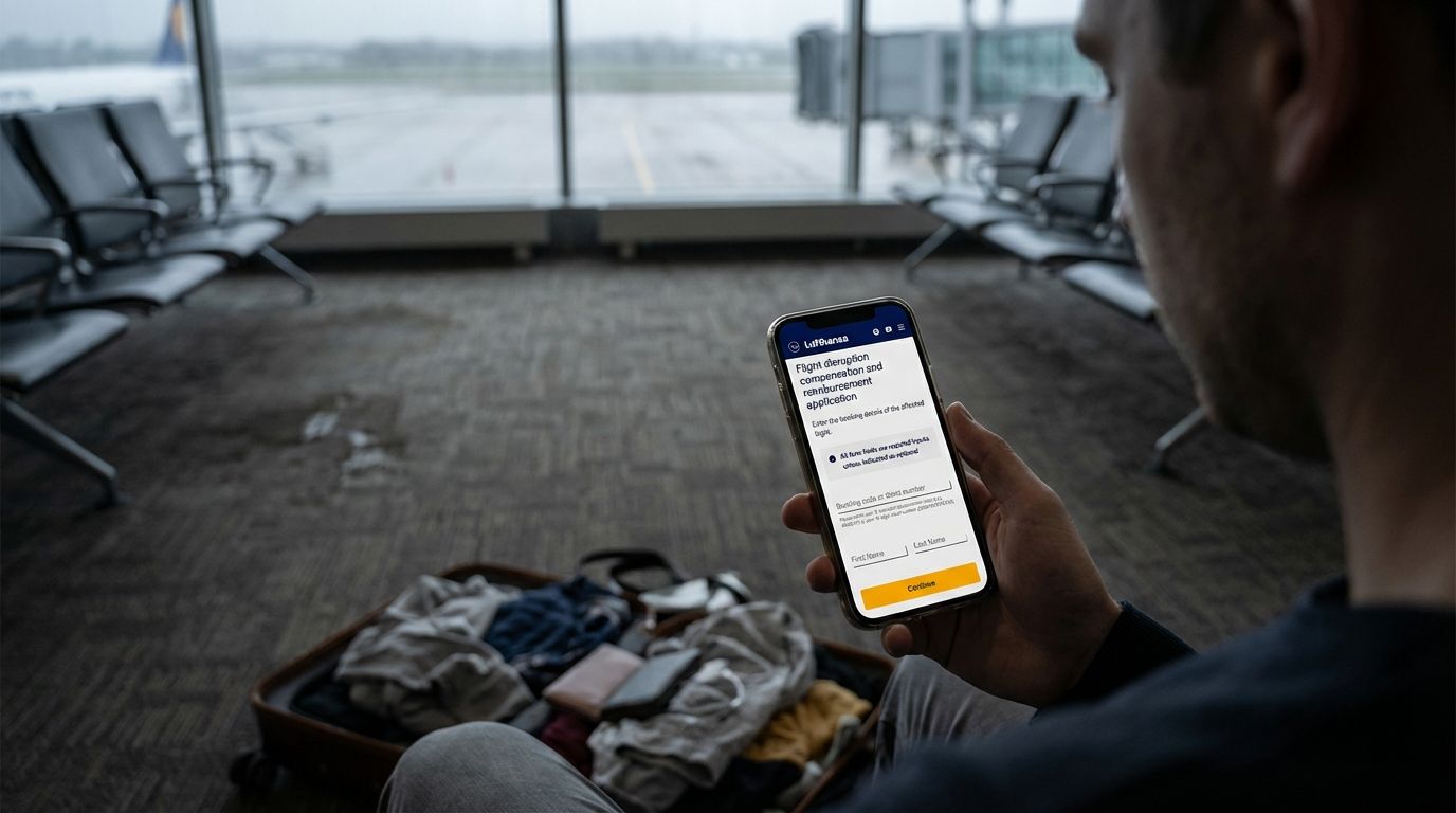 Traveler uses Lufthansa app for flight compensation at airport. Luggage sits nearby.
