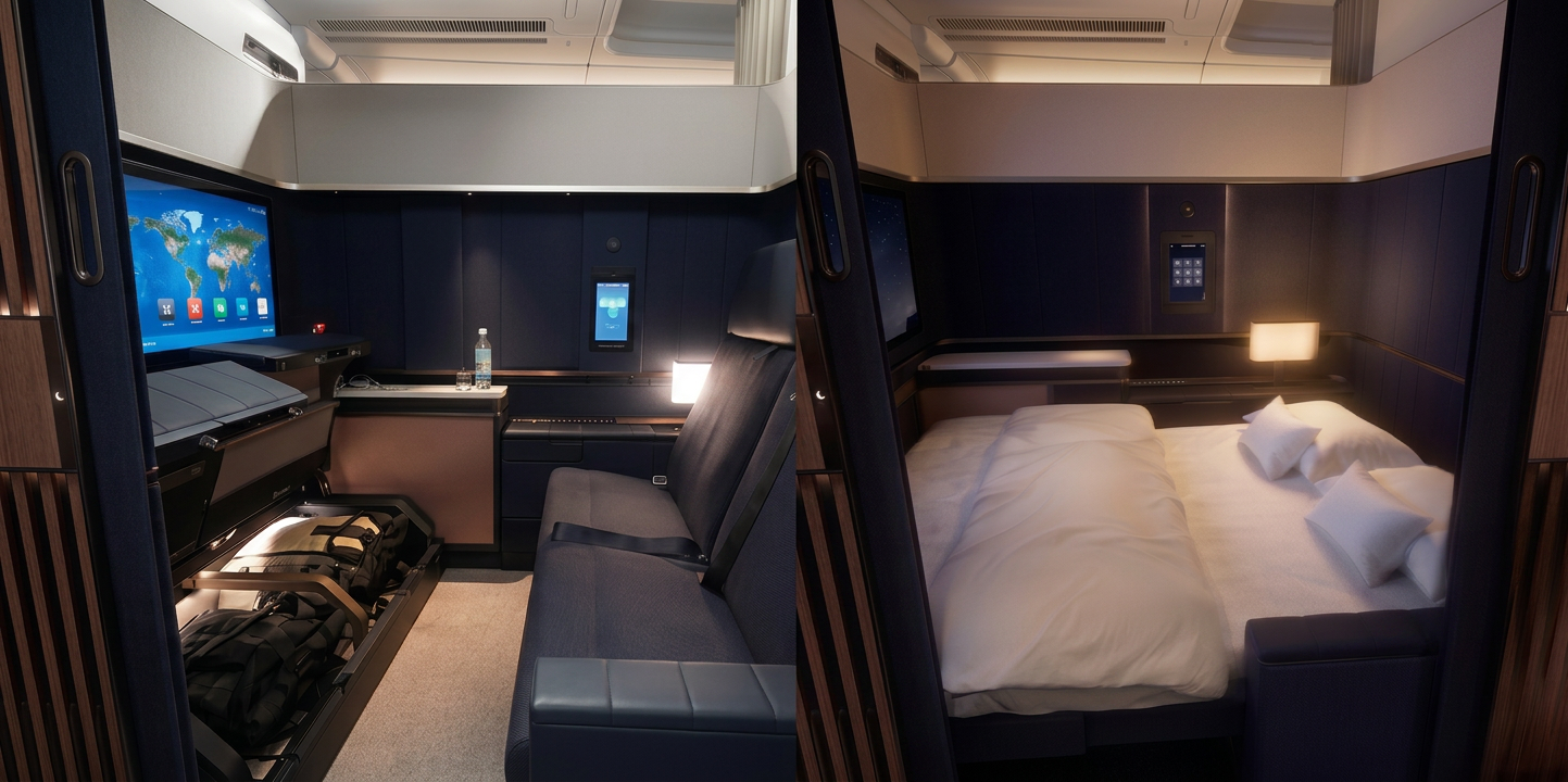 Side-by-side: a luxurious airplane suite as a seating area with a large screen, then transformed into a comfortable bed.