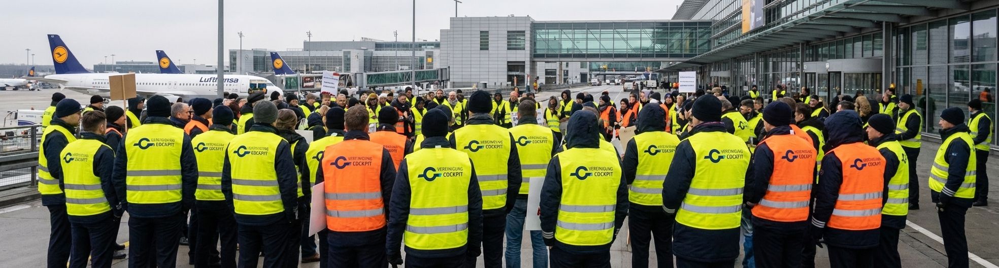 Pilots in vests, Vereinigung Cockpit logo, stand at an airport near Lufthansa planes.