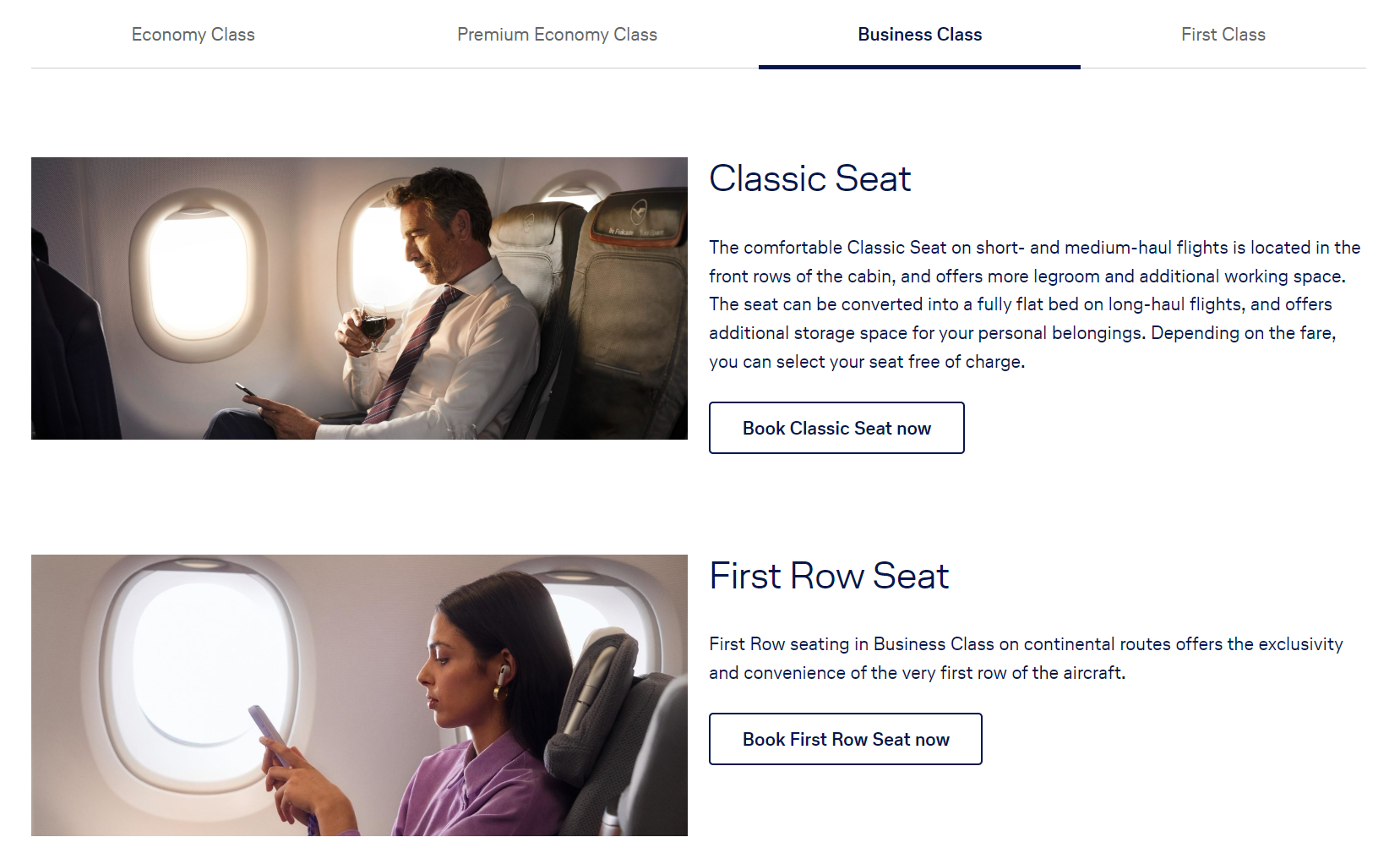 Lufthansa's website advertises First Row Seat as a booking option