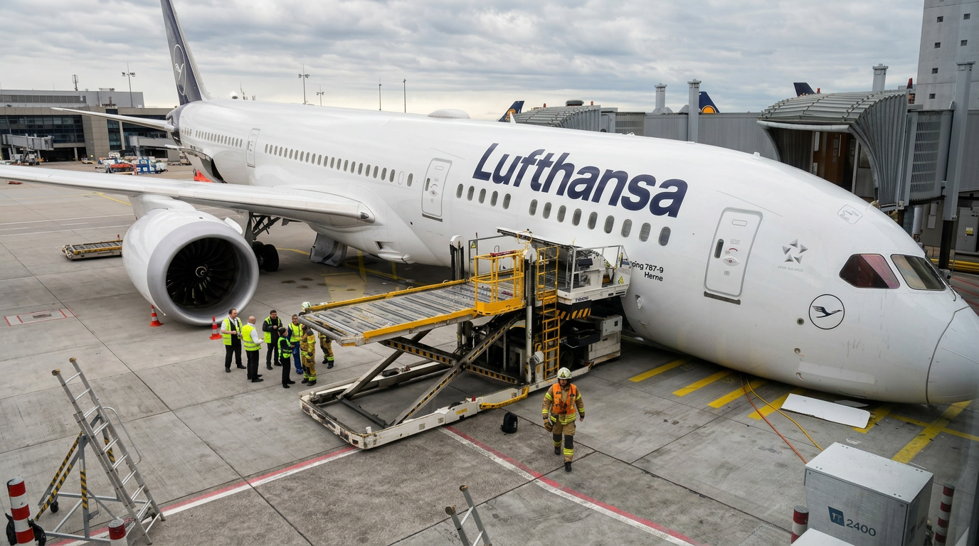 Ein Lufthansa Boeing 787-9 Dreamliner am Flughafengate, mit Bodenpersonal und Frachtlader bei den Gepäckabläufen.