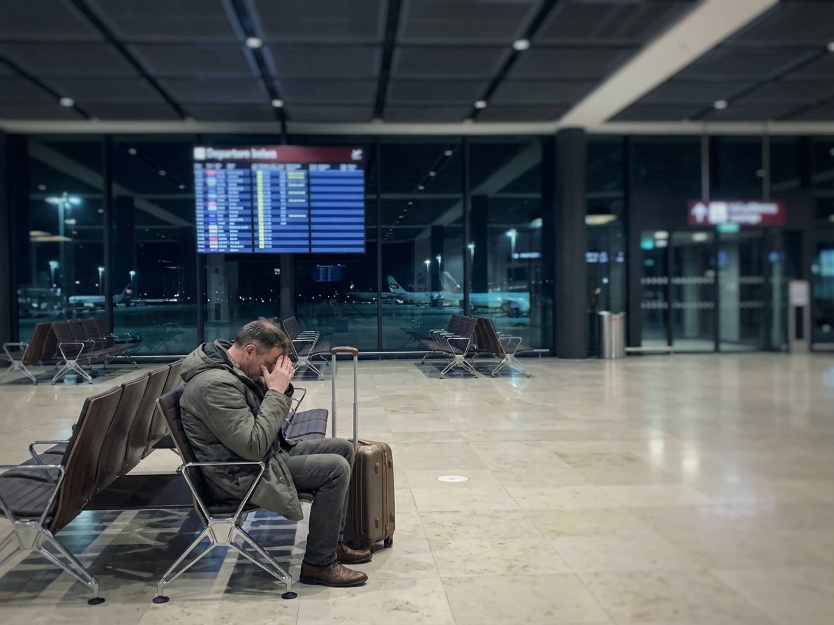 Stressed traveler at airport waiting area, head in hands. Departure board visible.