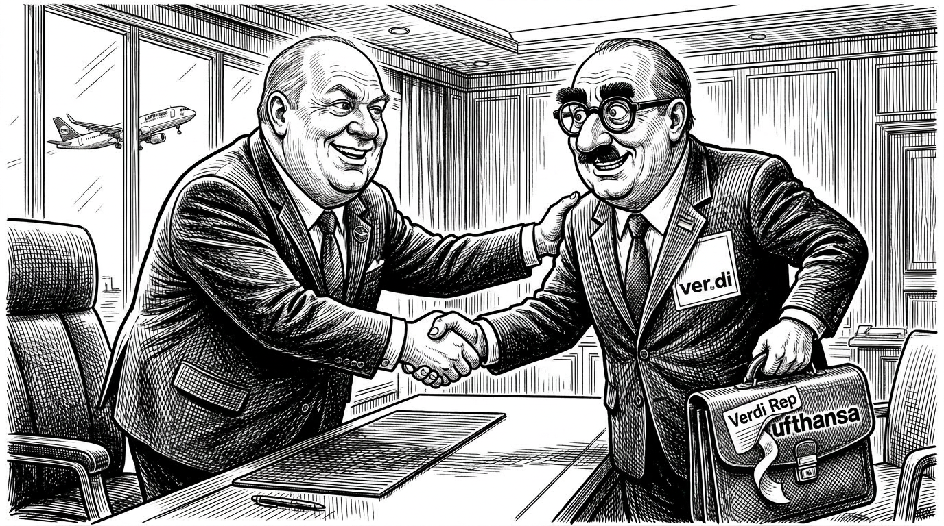 Illustration of two smiling men, one a ver.di representative, shaking hands in an office. A visible airplane and briefcase hint at Lufthansa negotiations.