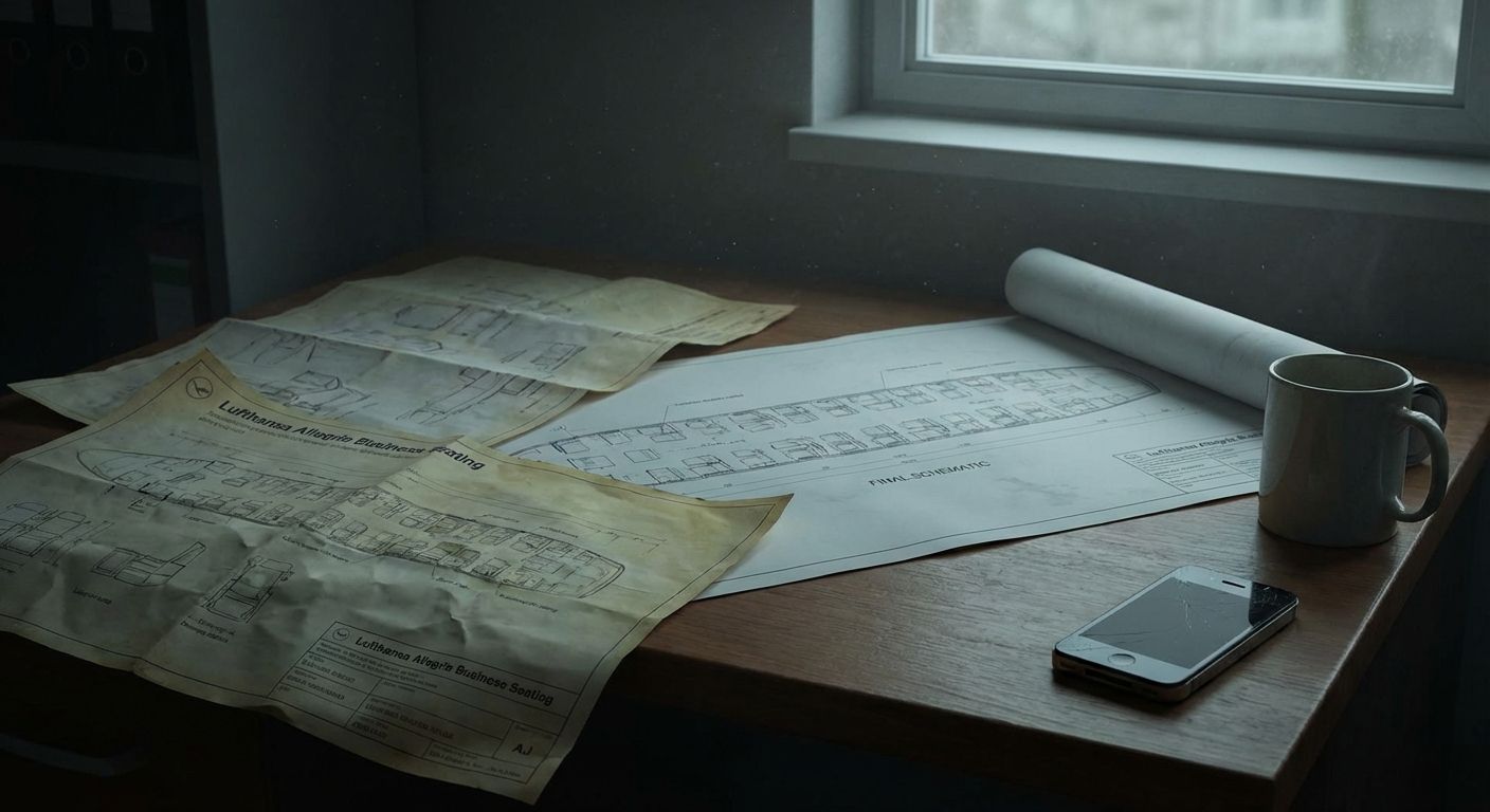 Blueprints and a cracked phone on a desk, possibly related to Lufthansa's Allegria business seating.